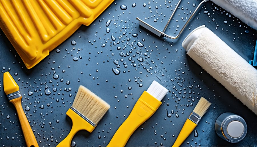 Collection of waterproofing materials such as sealants, brushes, and rollers for shed floor protection.