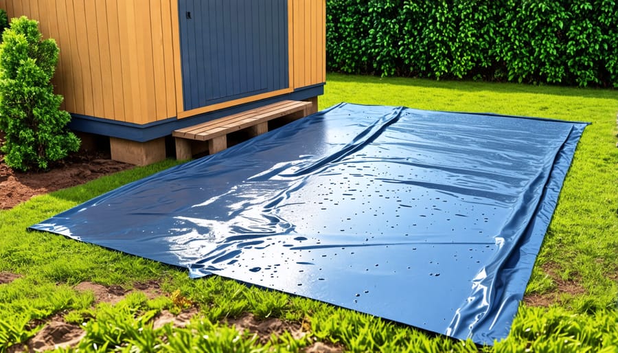 Sequence showing cleaning, applying sealant, curing, and final checks for waterproofing a shed floor.