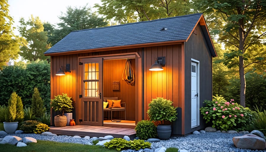 Sequence of images demonstrating the process of installing and wiring a shed electrical outlet