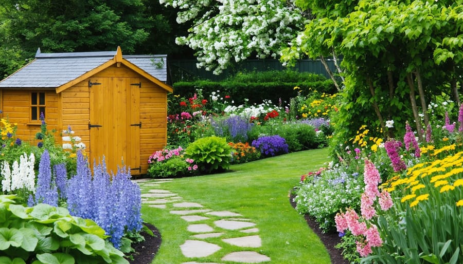 Charming cottage garden landscaping around a backyard shed