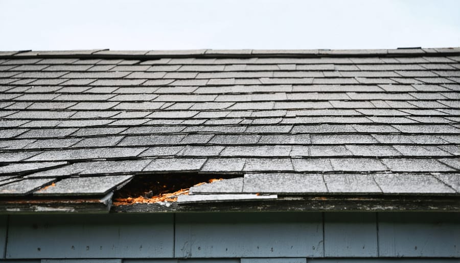 Closeup of a damaged shed roof showing cracks and holes