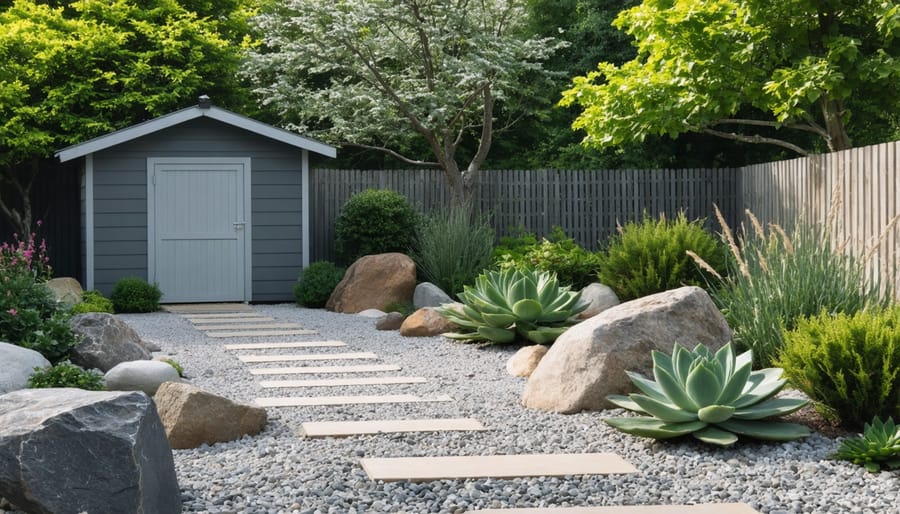 Low-maintenance gravel garden landscaping surrounding a modern shed