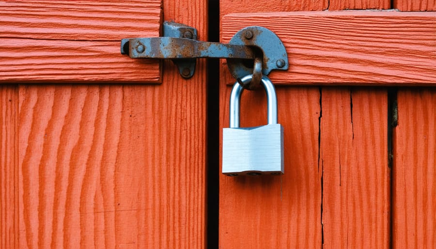 High-quality padlock locked onto a shed door hasp