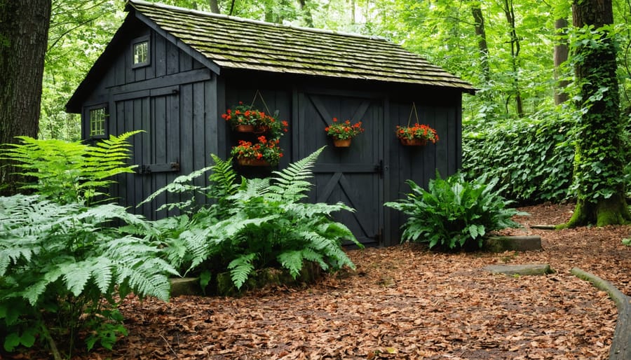 Rustic woodland-style landscaping around a backyard shed