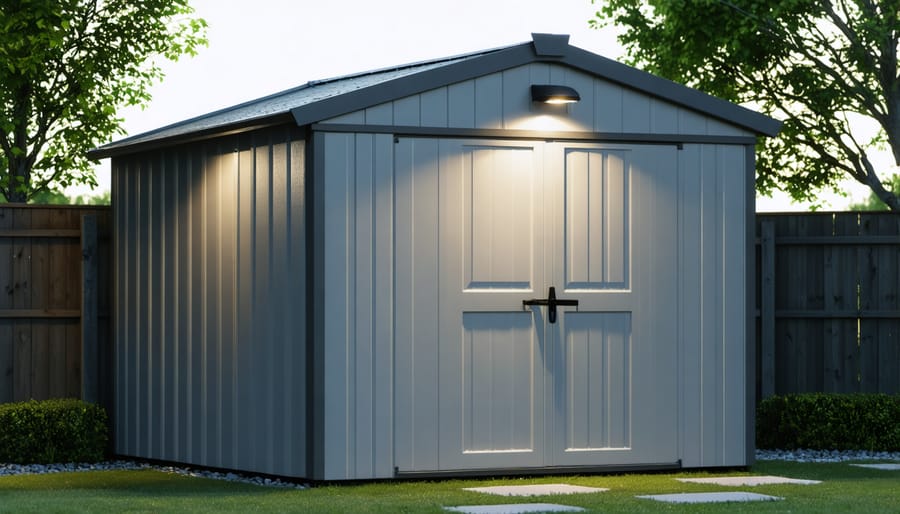 Motion sensor security light mounted on the exterior of a shed