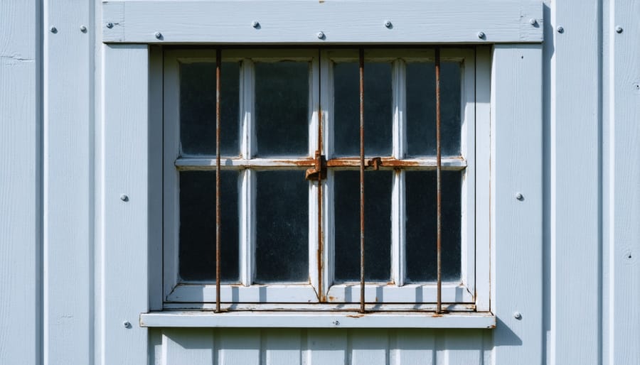 Metal security bars installed on the inside of a shed window