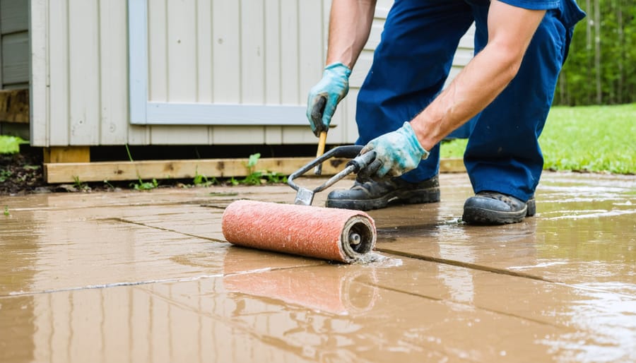 Demonstration of applying waterproof sealant to a shed floor