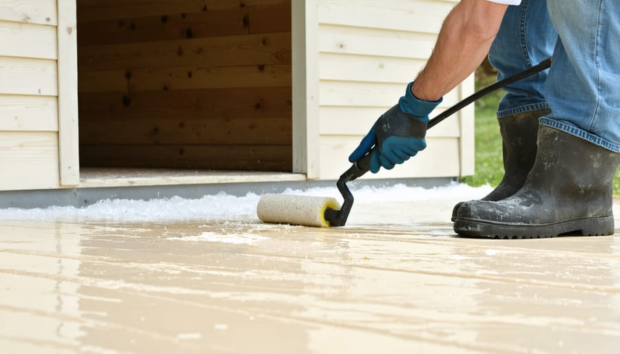 Demonstrating the application of waterproofing sealant on a shed floor