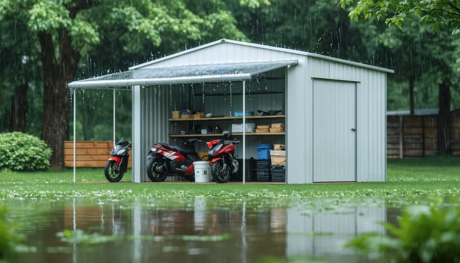 Canopy storage shed with waterproof roof shielding items from rain