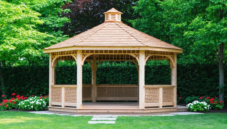 Classic wooden L-shaped gazebo in a backyard garden setting