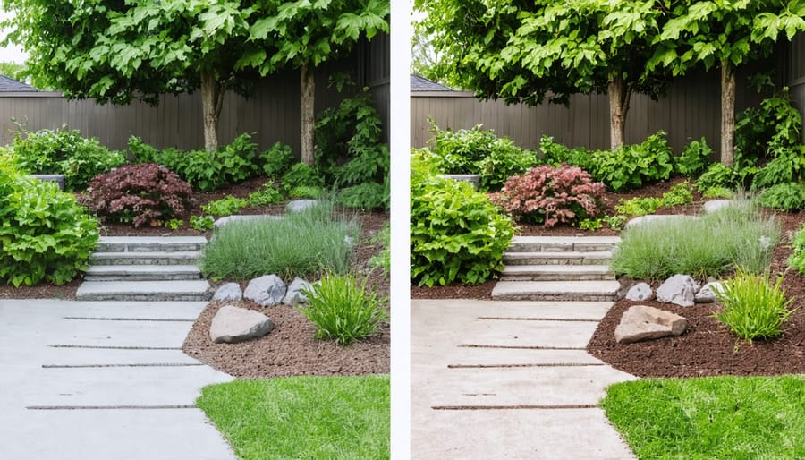 Comparison of a yard before and after implementing climate-smart landscaping strategies