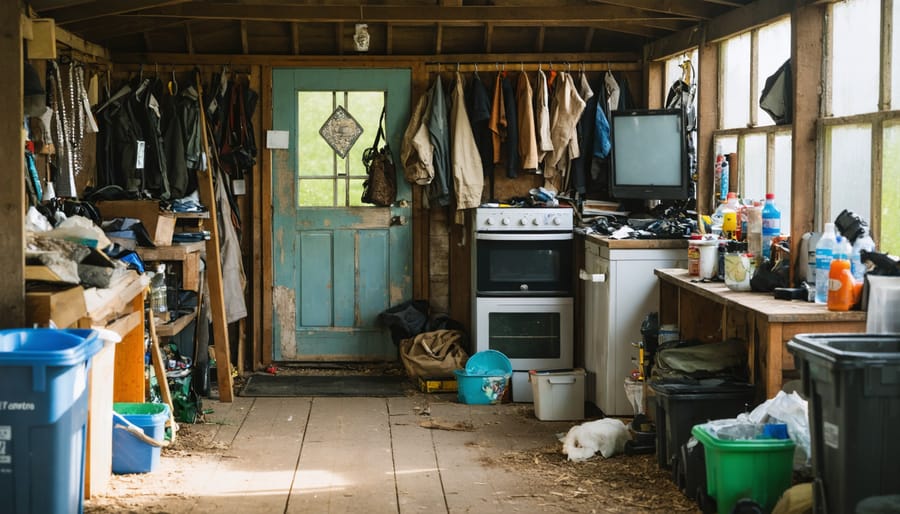 Messy shed interior before organizing and decluttering