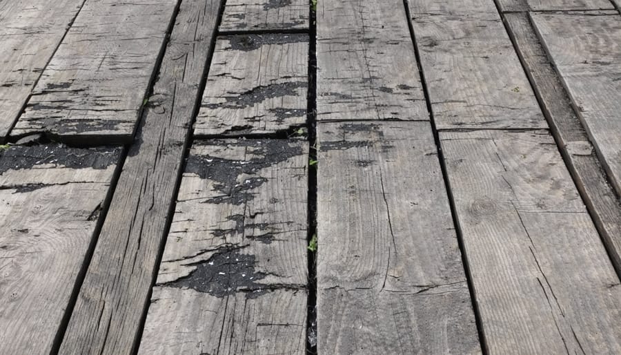 Damaged wooden shed floor in need of repair and waterproofing