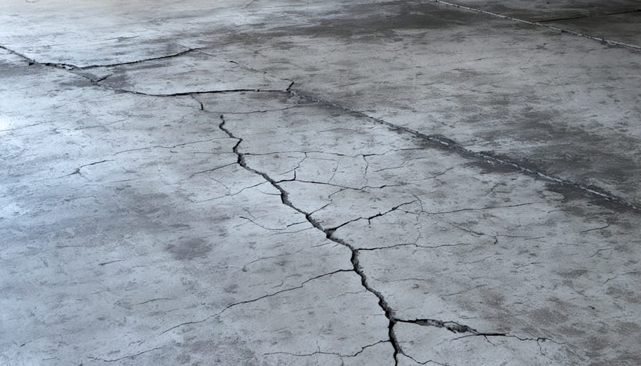 Dirty and damaged concrete shed floor before waterproofing treatment