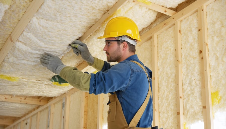 Installation of fiberglass batt insulation in a shed ceiling