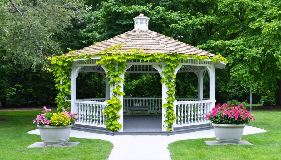 L-shaped gazebo seamlessly integrated into a lush garden setting