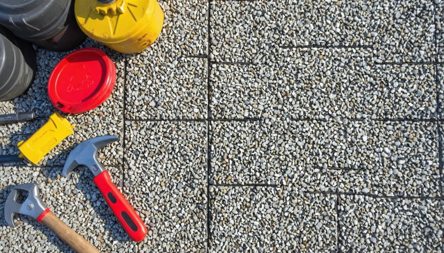 Gravel shed floor with organized tools and storage