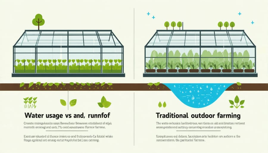 Illustration showing greenhouses conserve water and prevent runoff compared to outdoor agriculture