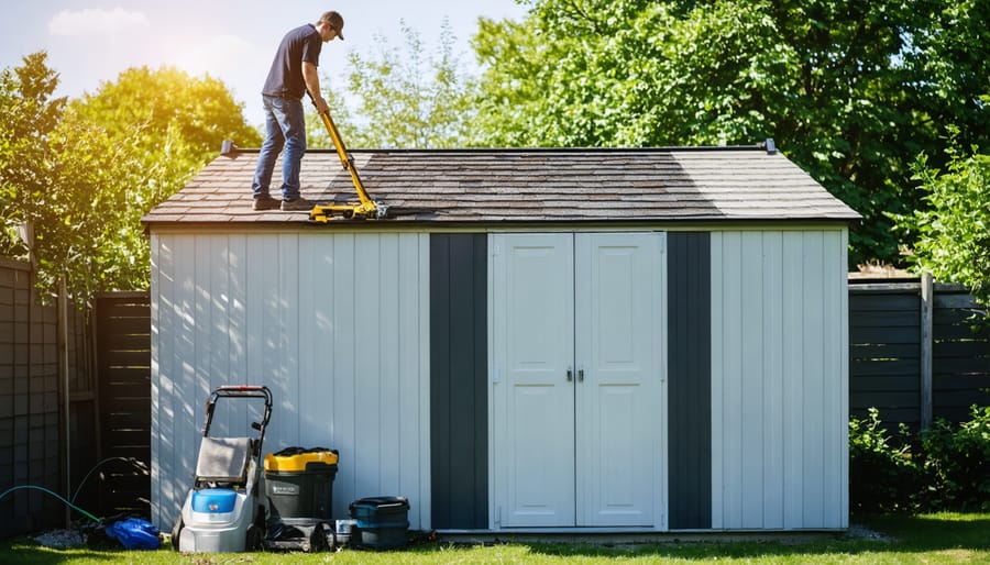 Demonstration of inspecting a garden shed roof for maintenance