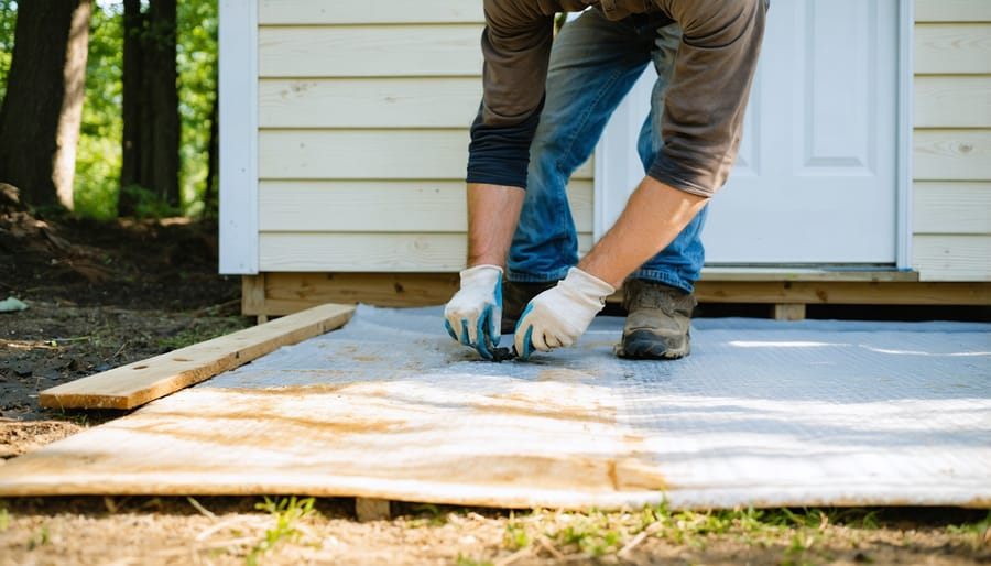 Installation of moisture barrier on shed base