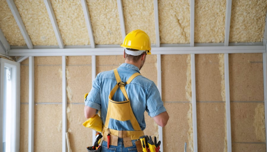 Installing insulation in a shed ceiling while wearing protective equipment