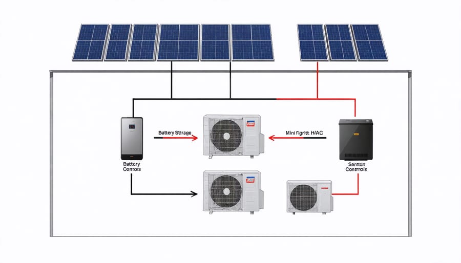 Integrated energy system diagram for sheds, including solar, battery, HVAC, and smart components