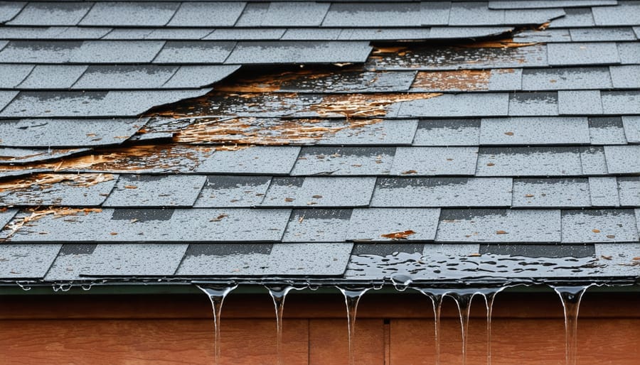 Damaged shed roof shingles allowing water to leak into the interior