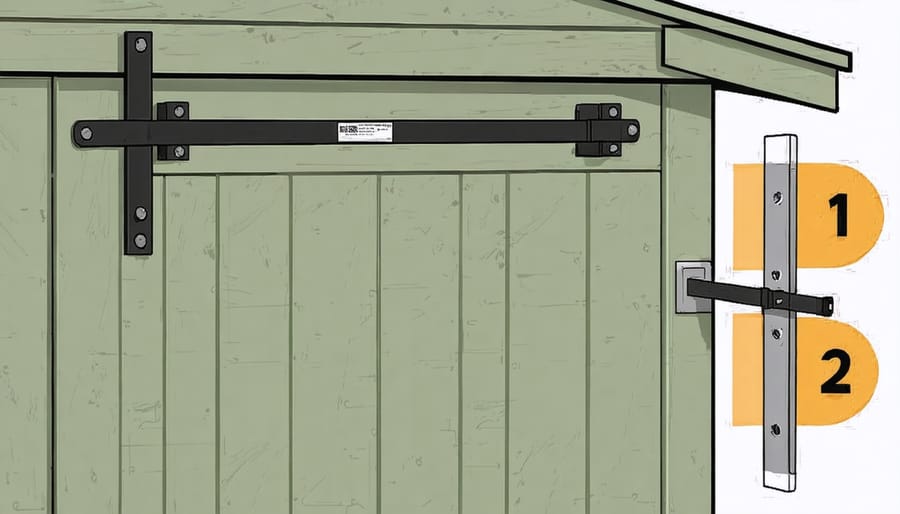 Diagram outlining the process to correctly install a locking bar on shed doors