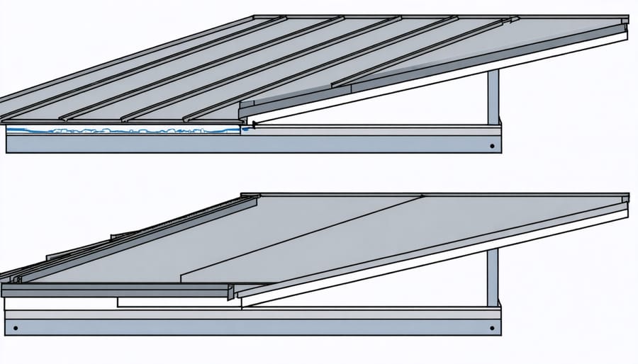 Diagram demonstrating how to overlap and seal metal roofing panels correctly