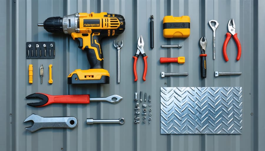 Tools and materials required for metal shed roof installation project