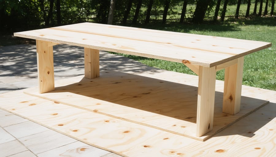 DIY tutorial images demonstrating how to build an outdoor coffee table with one sheet of plywood.