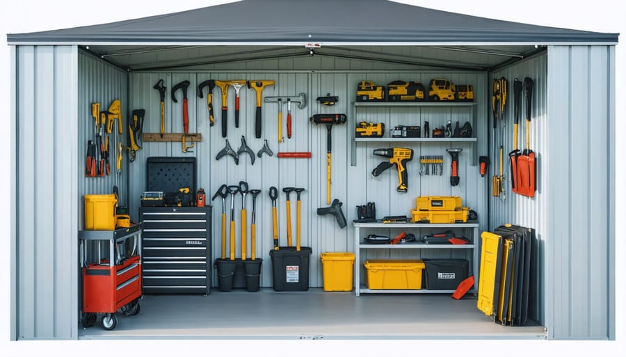 Interior view of a canopy storage shed with efficient organization solutions