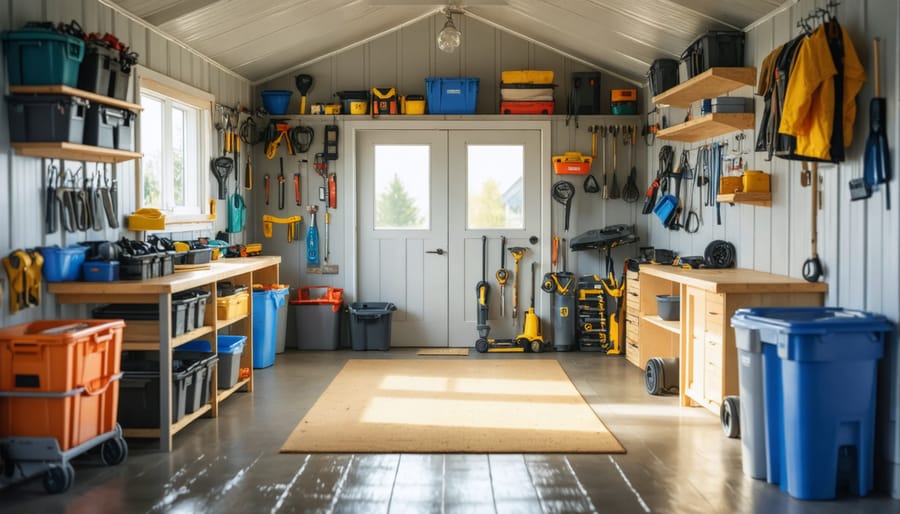 Tidy, organized shed with designated storage zones and clear labeling