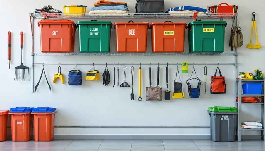 Ceiling-mounted storage rack with organized bins storing seasonal equipment