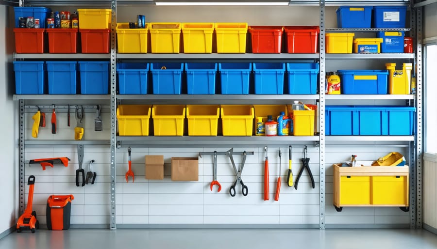 Overhead storage solution using suspended racks and labeled storage containers