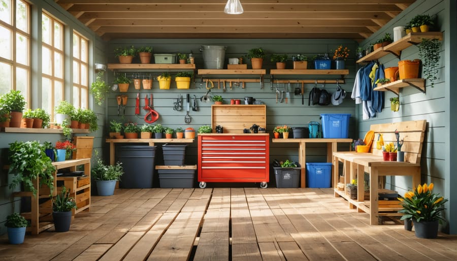 Shed interior featuring a pallet wood floor and tidy storage areas