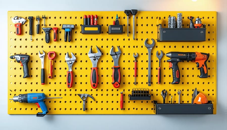 Well-organized pegboard system with labeled hooks holding a variety of tools