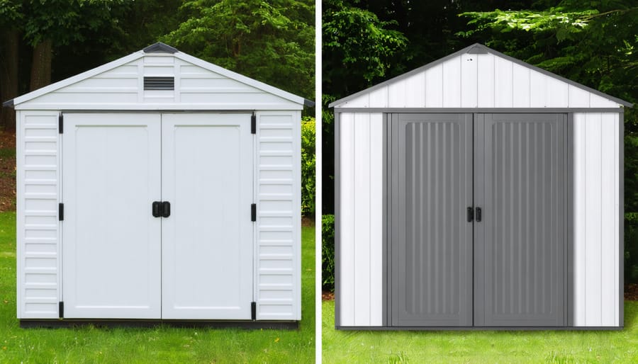 Contrasting images of a flimsy, cheap plastic shed and a sturdy, premium plastic shed