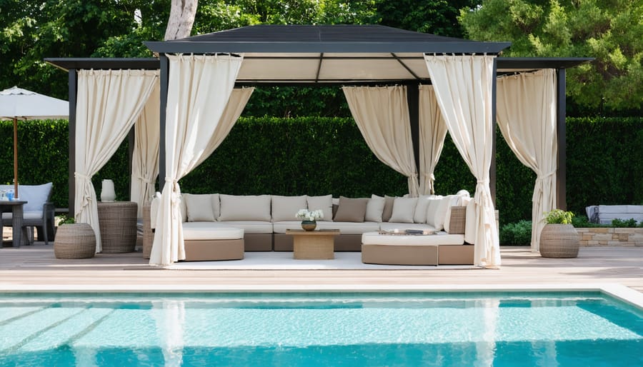 L-shaped poolside cabana with curtains for shade and privacy