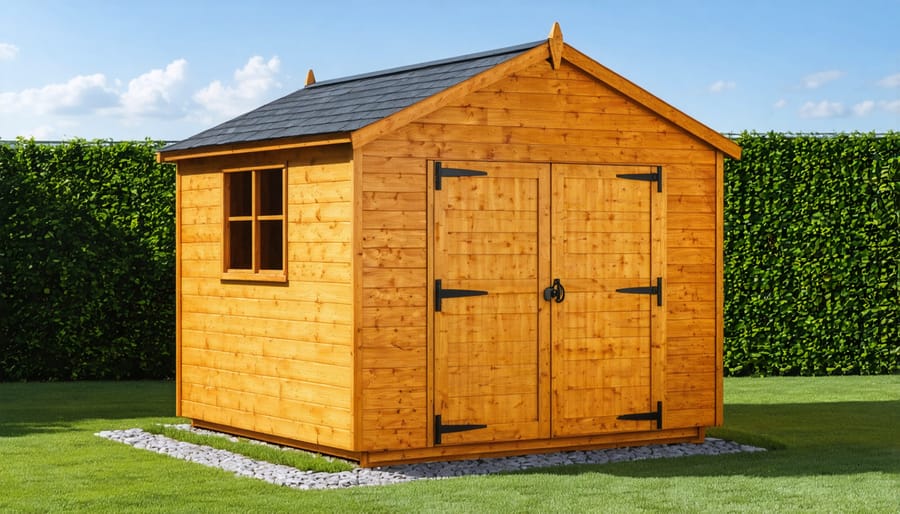 Deluxe 8x8 wood shed showcasing top-quality construction and add-ons