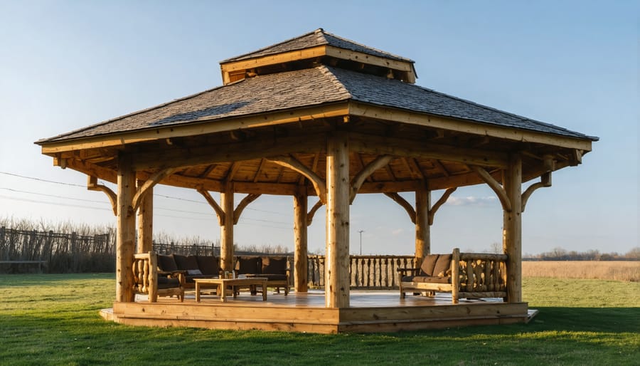 Charming rustic cedar L-shaped gazebo with natural weathered look