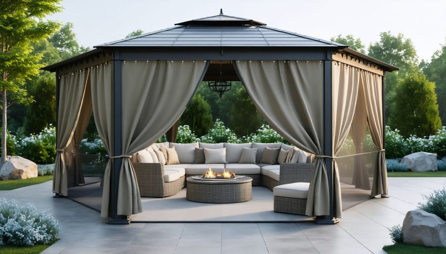 L-shaped gazebo with screen panels for insect protection and comfort