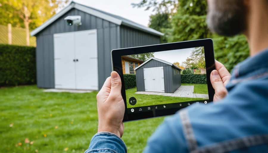 Checking the live video feed from a smart shed security camera remotely on a tablet device