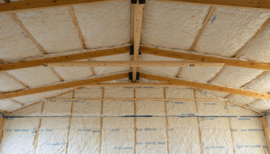 Shed ceiling prepped for insulation, showing installed vapor barrier