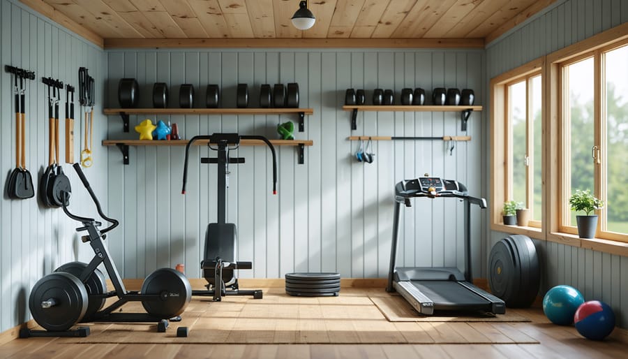 Shed set up as a home gym with various exercise equipment and flooring