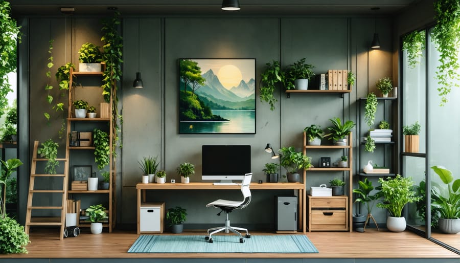 Shed converted into a home office with desk, chair, storage and decor