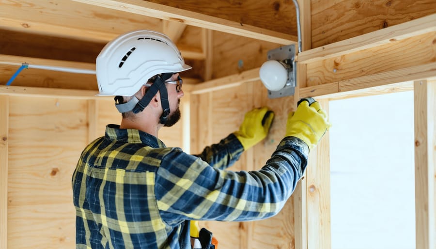 Demonstration of proper shed lighting installation with safety precautions