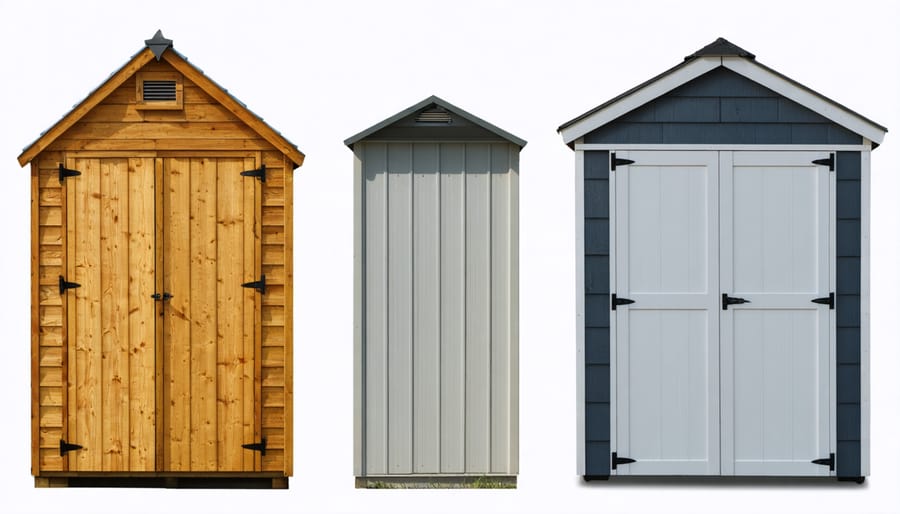 Side-by-side images of sheds made from different materials to compare their appearance and construction