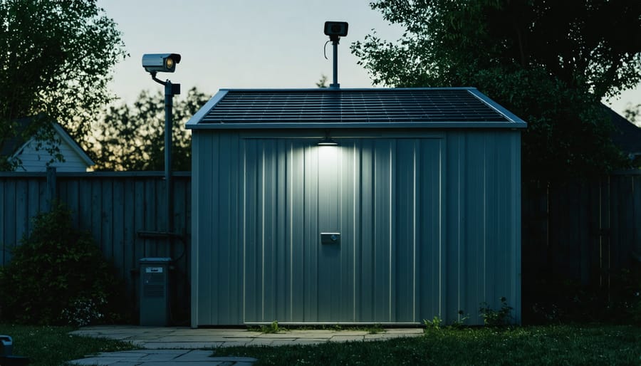 Demonstration of a storage shed fortified with smart motion sensors, lights and a security camera