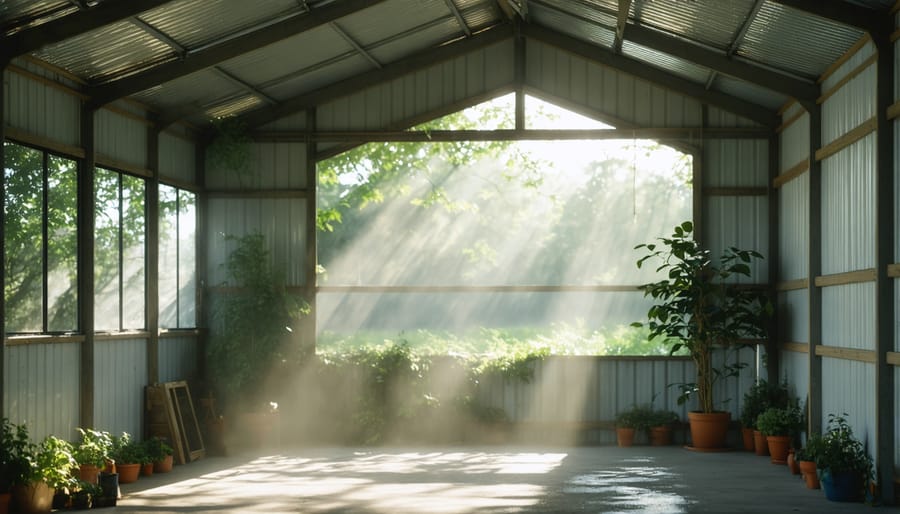 A well-lit shed interior featuring windows and skylights for natural lighting